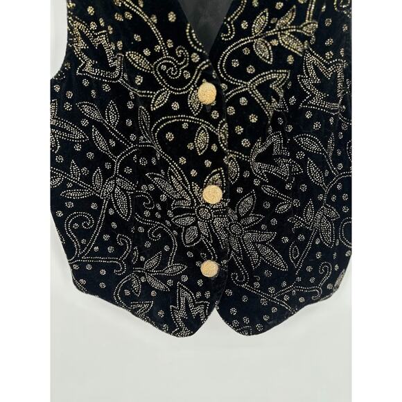 Vtg Dressbarn Velvet Vest M Black Gold Embellished Button Formal Party Holiday - Picture 3 of 6